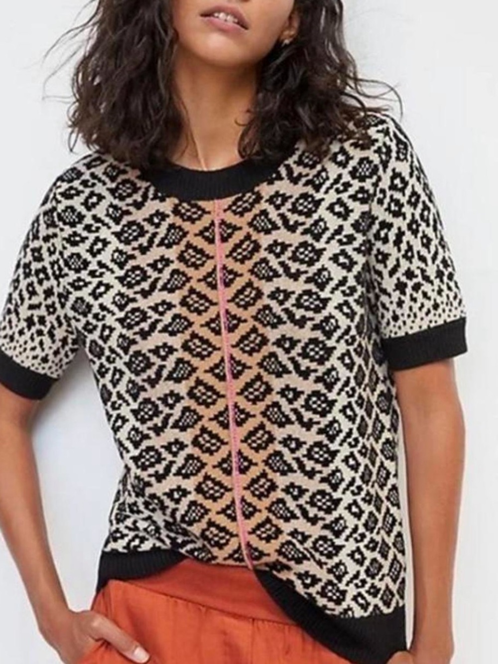 Anthropologie Maeve Black and Cream Textured Knit Top Ellinor Leopard Print